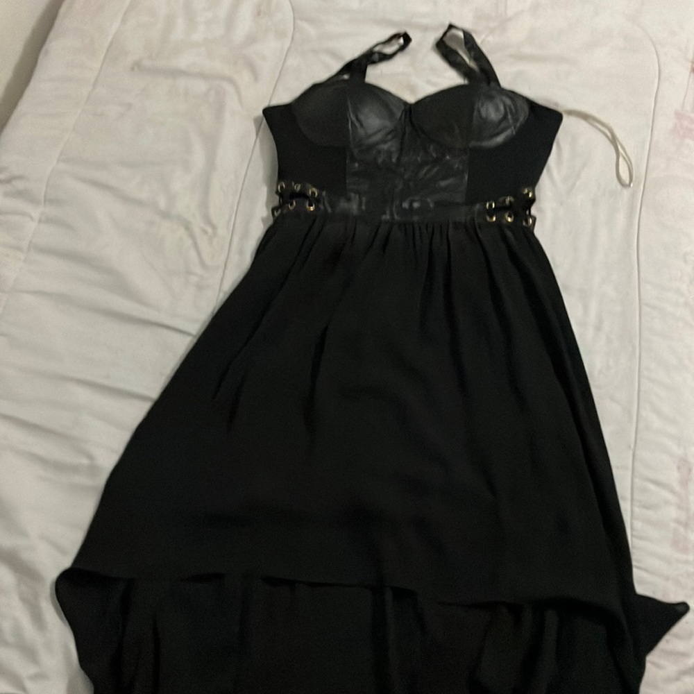 Black and gold structured top dress with pleather straps and top